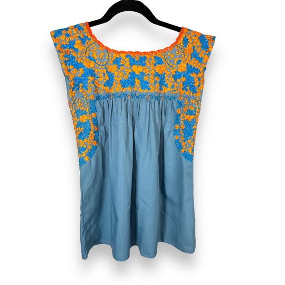 Mi Golondrina azul y naranja Flores Blouse NWOT - Picture 4 of 4